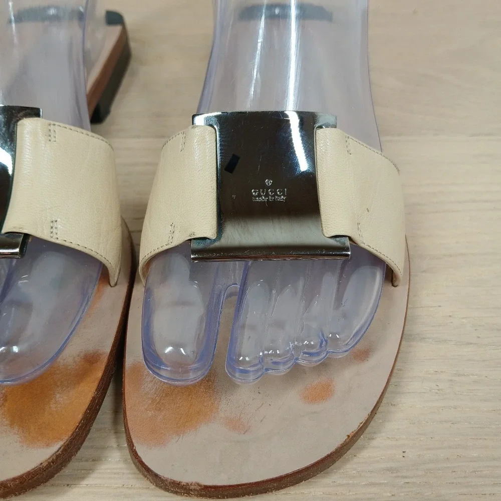 Gucci Sandals Womens 8 Ivory Leather Slide Wooden Flat Horsebit Italy - Picture 2 of 10